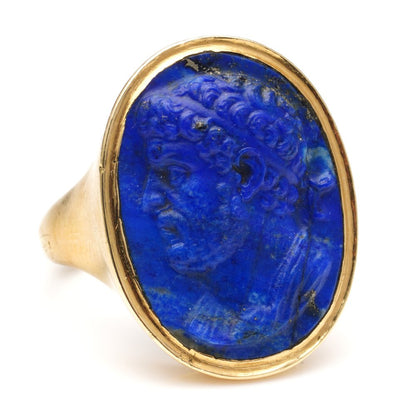 Antique Ancient Roman Emperor Lapis Lazuli and Gold Signet Ring; Second Century AD Roman Empire carved lapis lazuli depicting the iconic Hadrian Roman Emperor with later 18ct yellow gold shank