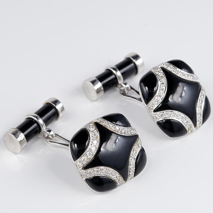 Art Deco Black Onyx and Diamond Cufflinks Made in Italy Circa 1935