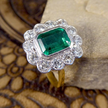 Emerald-Cut Emerald and Diamond Floral Cluster Ring, 2.75cts, 18ct Gold