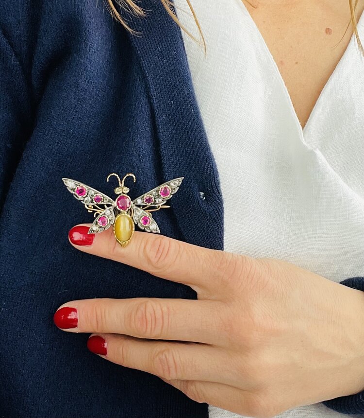 Antique Victorian Multi Gemstone En Tremblant Butterfly Brooch; with cabochon chatoyant cat's eye chrysoberyl, 1.28cts diamonds, 2.50ct natural Burmese ruby and natural pink sapphires