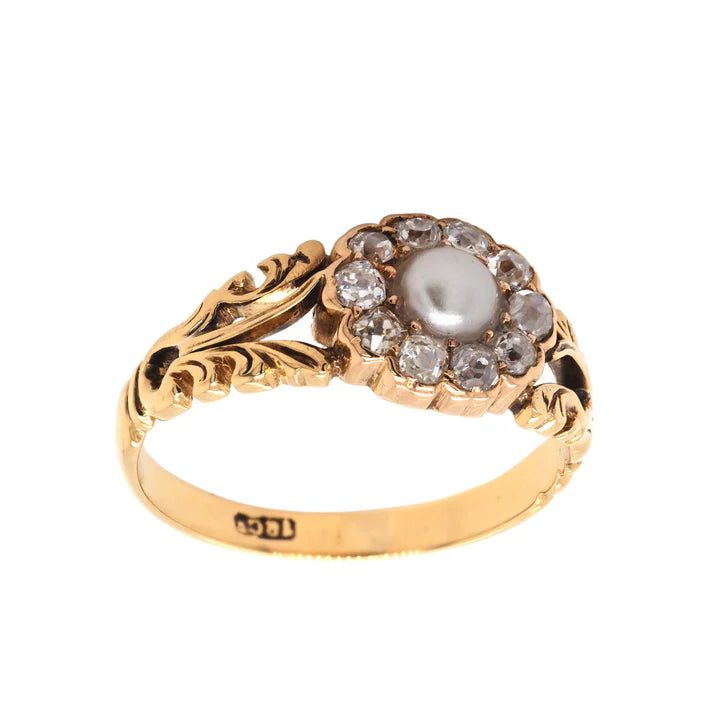 Victorian pearl and diamond cluster ring in gold.