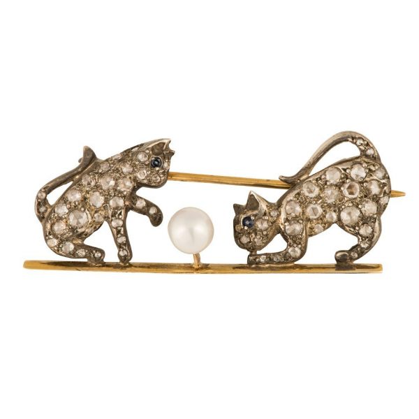 Antique Victorian Pearl & Diamond Cat Brooch