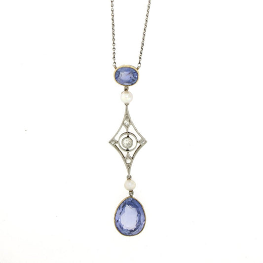 Antique Edwardian Sapphire, Diamond & Pearl Drop Pendant