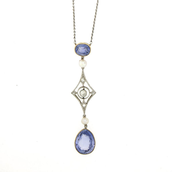 Antique Edwardian Sapphire, Diamond & Pearl Drop Pendant