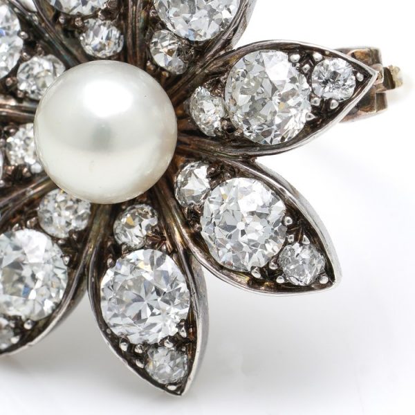 Antique Victorian Freshwater Pearl and Old Cut Diamond Flower Brooch Pendant, 3.28 carats