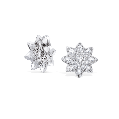 Rose Cut Diamond Daisy Flower Cluster Stud Earrings; set with 5.41 carats of round and pear-shaped rose-cut diamonds accented with round brilliant-cut diamonds