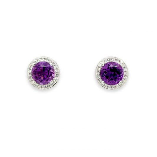 1.50ct Amethyst and Diamond Cluster Stud Earrings; round faceted amethysts within a surround of brilliant cut diamonds, 18ct white gold