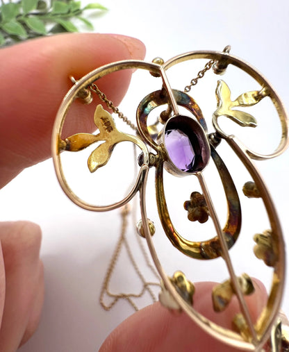 Antique Edwardian 9ct Gold Stamped Suffragette Pendant Necklace with Amethyst Peridot Seed Pearls