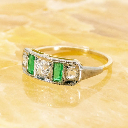 Antique Art Deco Emerald and Diamond Five Stone Ring