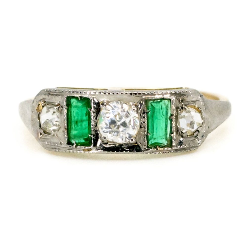 Antique Art Deco Emerald and Diamond Five Stone Ring