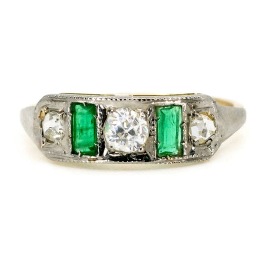 Antique Art Deco Emerald and Diamond Five Stone Ring