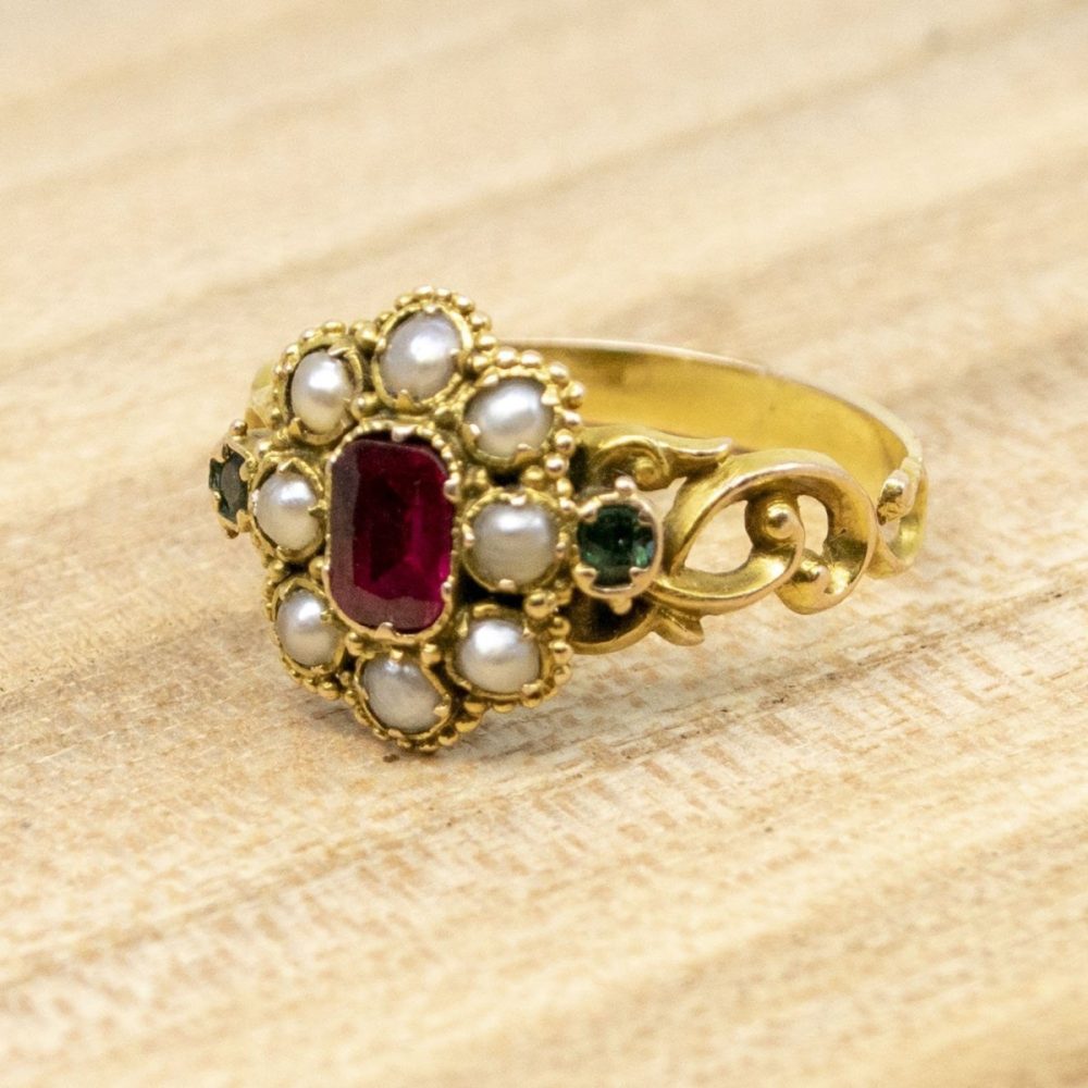 Antique Georgian Ruby, Pearl and Emerald Ring