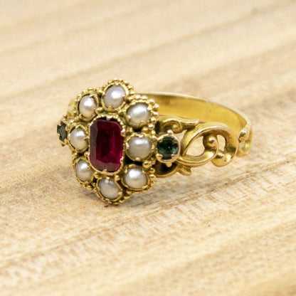 Antique Georgian Ruby, Pearl and Emerald Ring