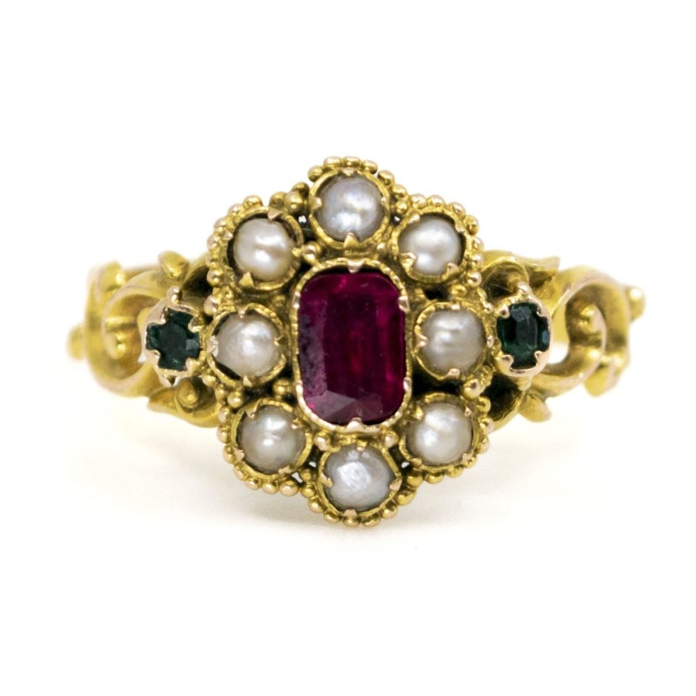 Antique Georgian Ruby, Pearl and Emerald Ring