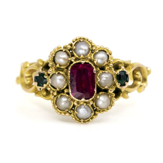 Antique Georgian Ruby, Pearl and Emerald Ring