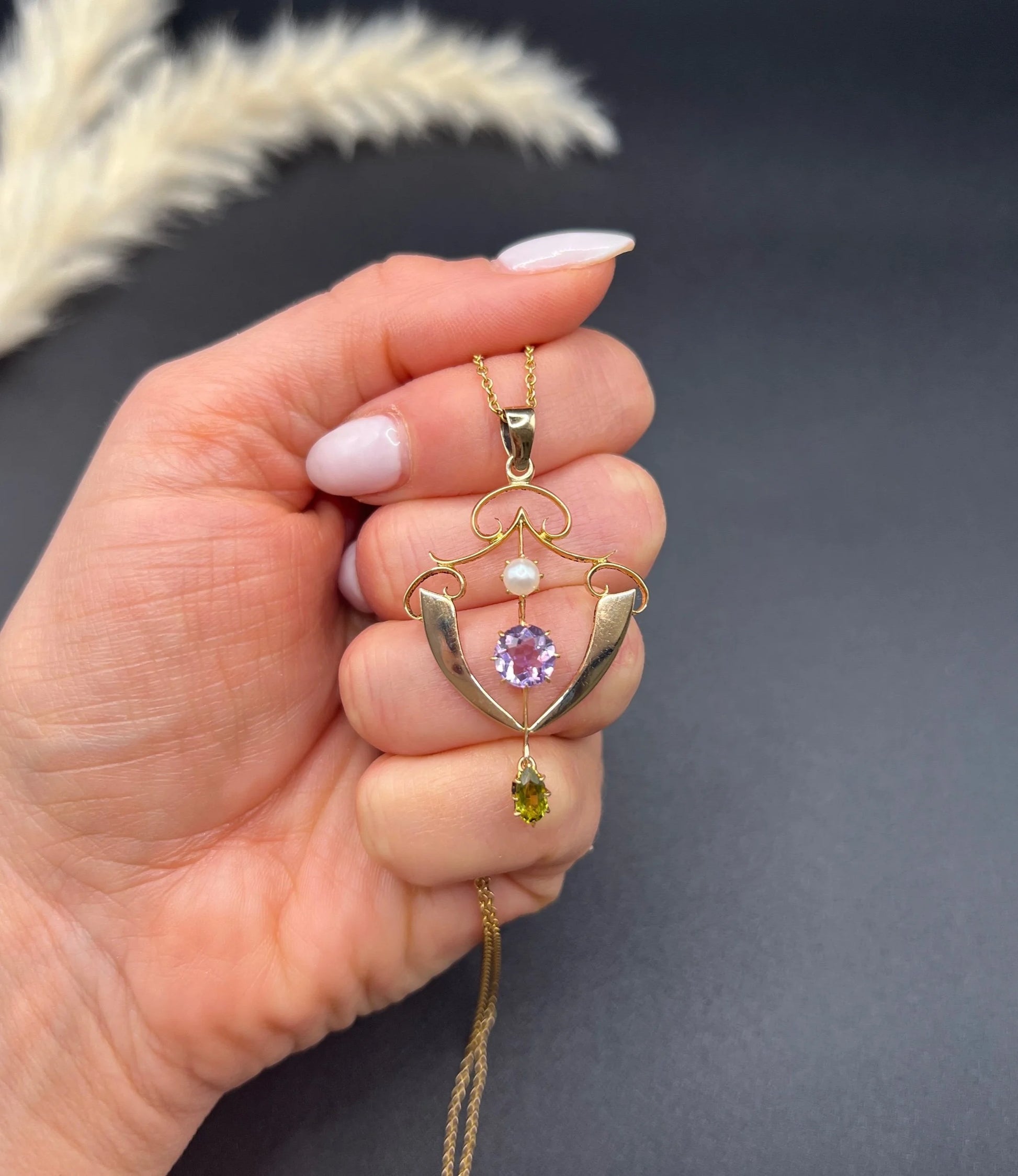 Antique 9ct Gold, Edwardian Amethyst, Pearl & Peridot Suffragette Pendant
