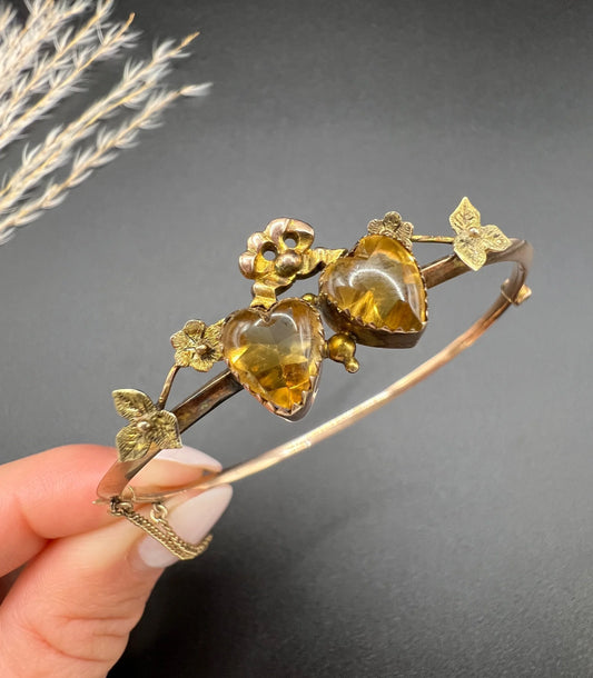 Antique 9ct Gold Stamped, Edwardian Citrine Heart, Knife Edge Bangle