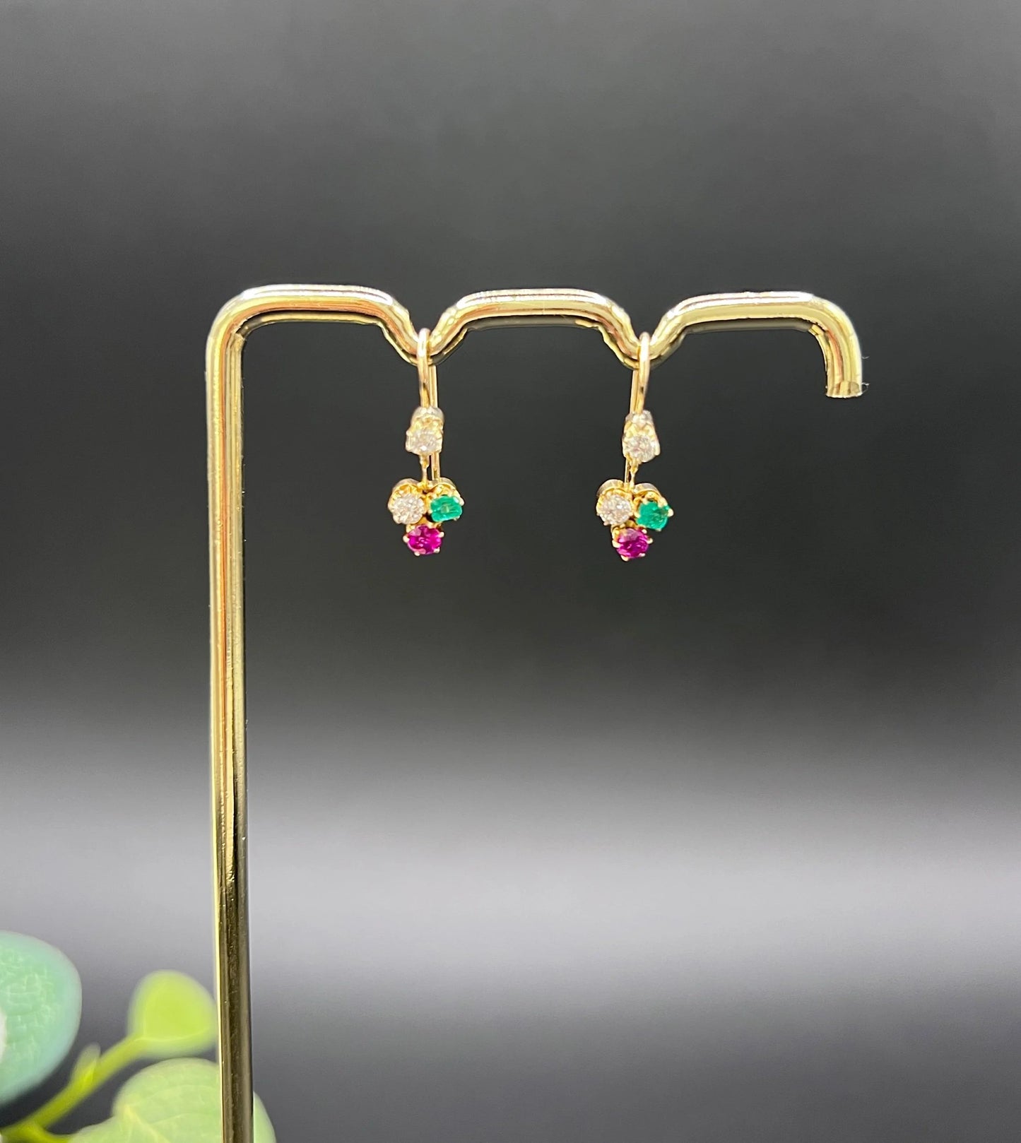 Antique 15ct Gold, Edwardian era Emerald, Ruby & Diamond Clover Earrings