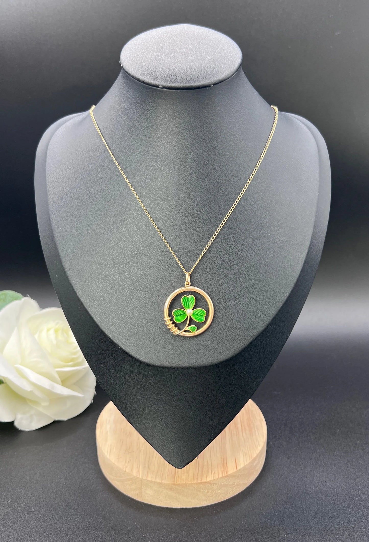 Antique 15 ct Gold, Edwardian Green Enamel And Pearl, 3 Leaf Clover Shamrock Pendant