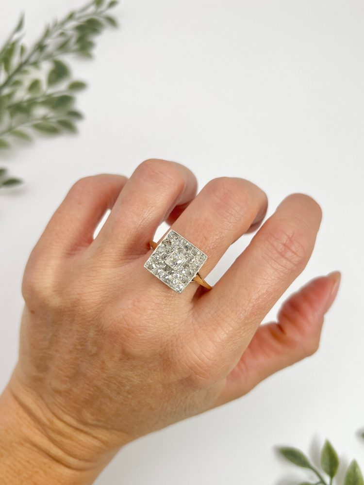 Edwardian Antique 2ct Old Cut Diamond Square Cluster Ring