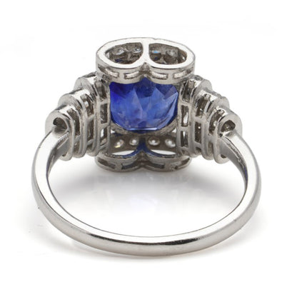 Vintage 2.90ct Natural Ceylon Sapphire and Diamond Cluster Ring in Platinum, Circa 1940s