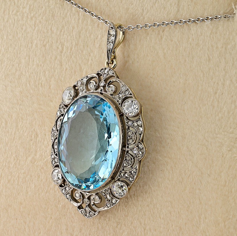 Edwardian Belle Epoque Antique Natural UnTreated 20.30ct Oval Aquamarine and Diamond Cluster Pendant