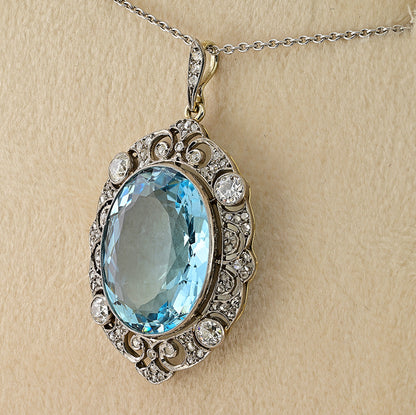 Edwardian Belle Epoque Antique Natural UnTreated 20.30ct Oval Aquamarine and Diamond Cluster Pendant