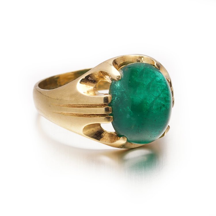 Certified 7.50ct Domed Cabochon Zambian Emerald Ring in 18ct Yellow Gold
