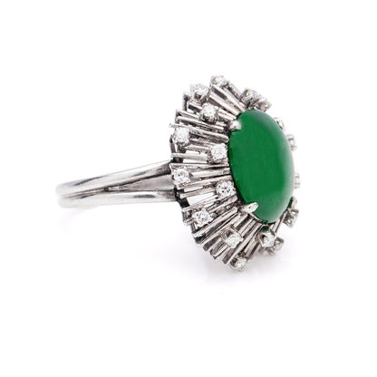 Vintage Certified 3.60ct Natural Jadeite Jade and Diamond Starburst Cluster Ring in 14ct White Gold, Circa 1950s