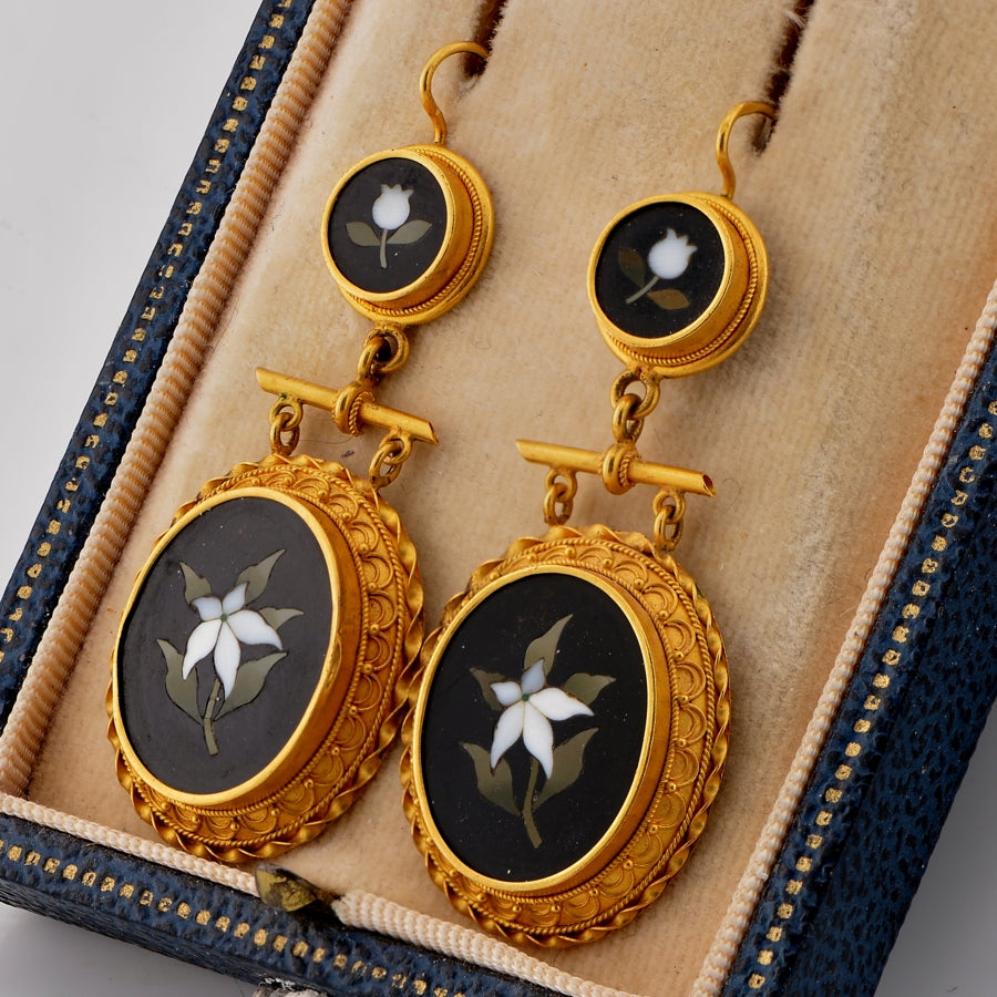 Victorian Antique Etruscan Revival Pietra Dura Flower Mosaic Pendant and Earring Suite