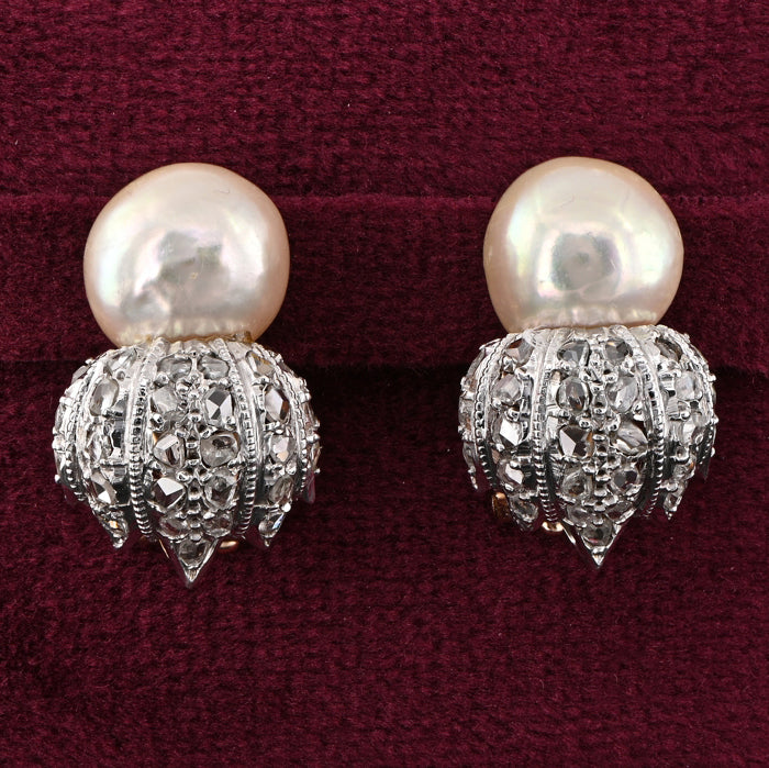 Vintage Buccellati Natural Pearl and Rose Cut Diamond Clip Earrings