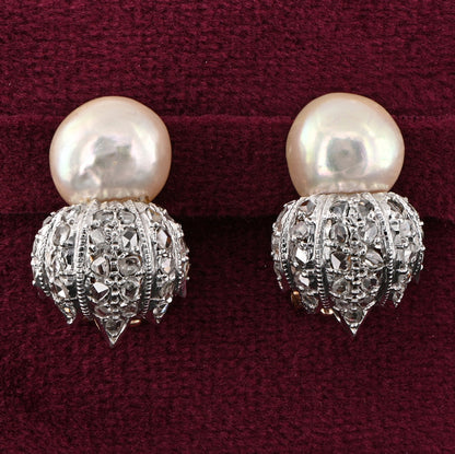 Vintage Buccellati Natural Pearl and Rose Cut Diamond Clip Earrings