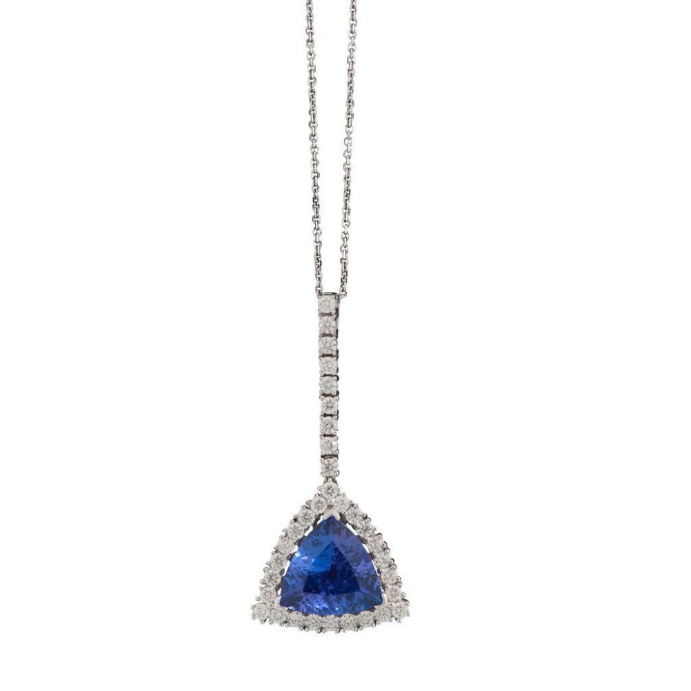 18ct White Gold Trilliant Cut Tanzanite & Diamond Pendant