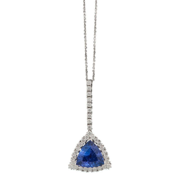 18ct White Gold Trilliant Cut Tanzanite & Diamond Pendant