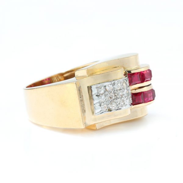 Antique French Ruby and Diamond Asymmetrical Dress Ring; set with 0.90cts princess-cut rubies and 0.45cts rose-cut diamonds over a fluid asymmetrical design, 19th century Circa 1890s