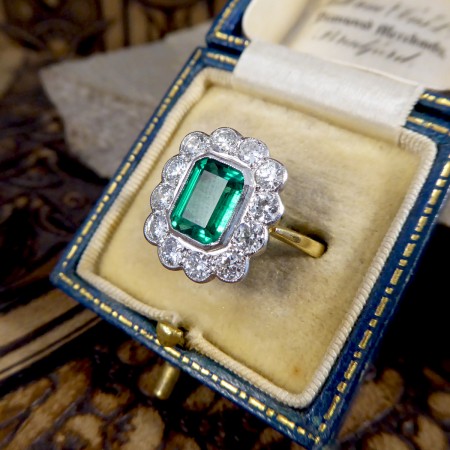 Emerald-Cut Emerald and Diamond Floral Cluster Ring, 2.75cts, 18ct Gold