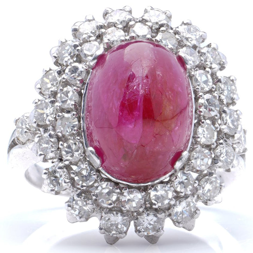 Vintage 6ct Cabochon Natural Ruby and Double Diamond Halo Cluster Ring