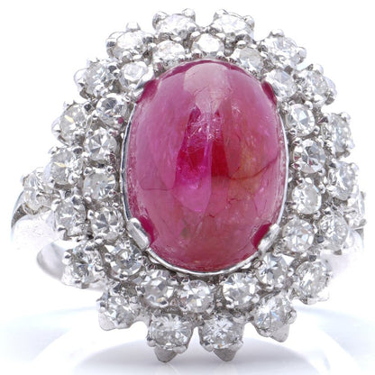 Vintage 6ct Cabochon Natural Ruby and Double Diamond Halo Cluster Ring