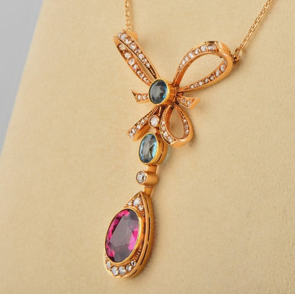 Edwardian Antique 4ct Red and Blue Tourmaline Diamond Bow Lavaliere Necklace