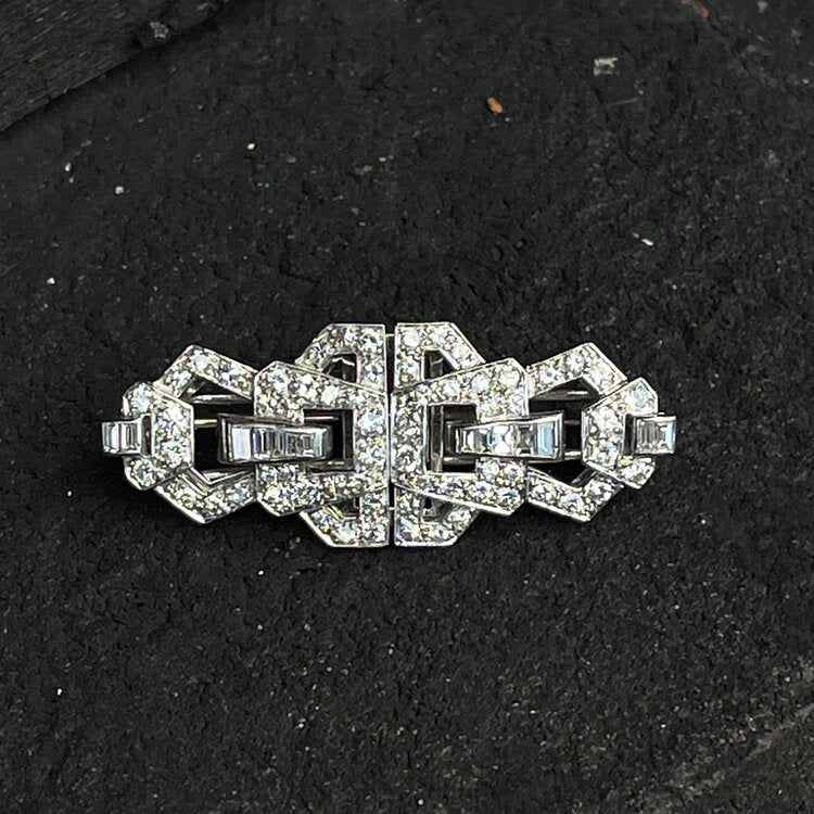 Vintage 1940s Diamond Double Clip Brooch in Platinum