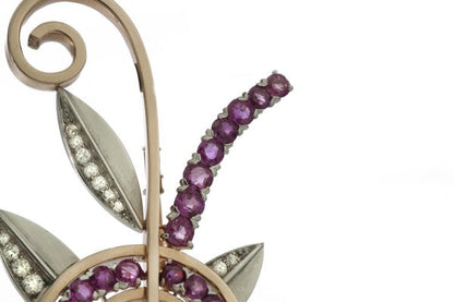 Tiffany and Co Vintage 1940s Ruby and Diamond Retro Floral Spray Brooch, in platinum and 14ct yellow gold