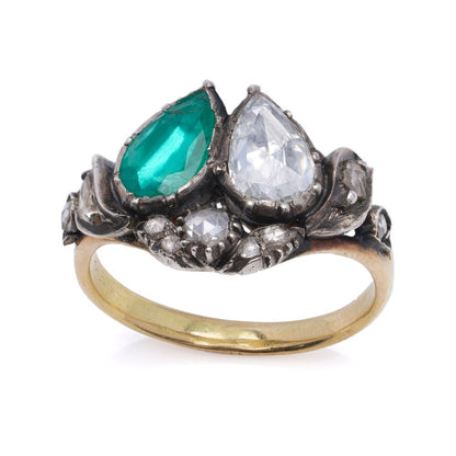 Georgian Antique 1ct Pear Diamond and Emerald Two Stone Ring