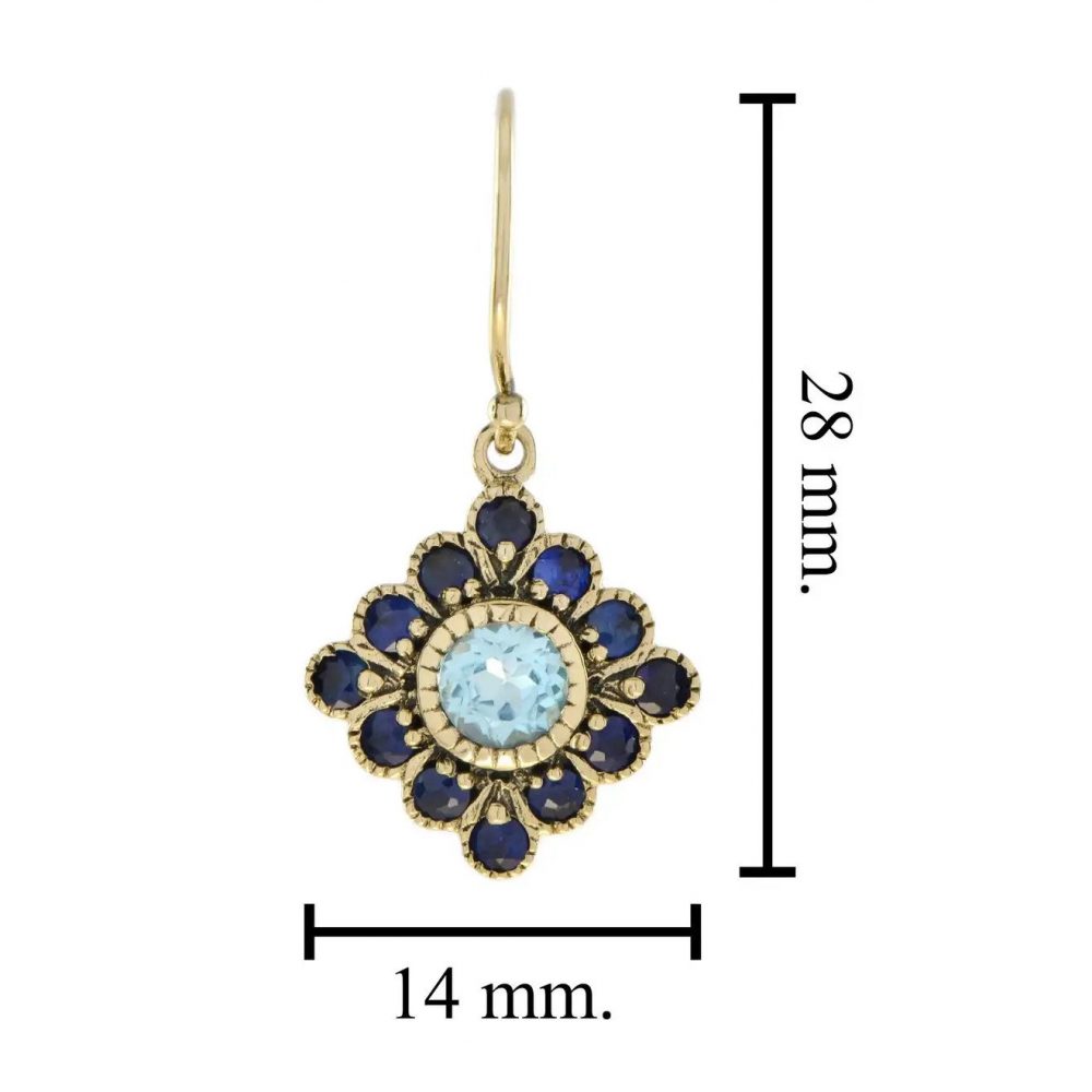 Blue Topaz and Sapphire Floral Cluster Drop Earrings