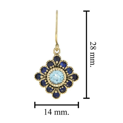 Blue Topaz and Sapphire Floral Cluster Drop Earrings