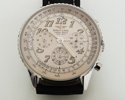 Breitling Navitimer Twin Sixty 41mm Stainless Steel Automatic Chronograph Watch, white dial, sapphire crystal, leather strap, Circa 2000s