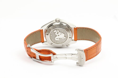 Omega Seamaster Planet Ocean 600M Orange Stainless Steel Automatic Watch, Ref 2908.50.38, 45.5mm steel case, black dial, unidirectional rotating diver's bezel, screw-down crown, helium-escape valve, orange Omega strap with stainless steel push-button deployment buckle, with Omega papers.