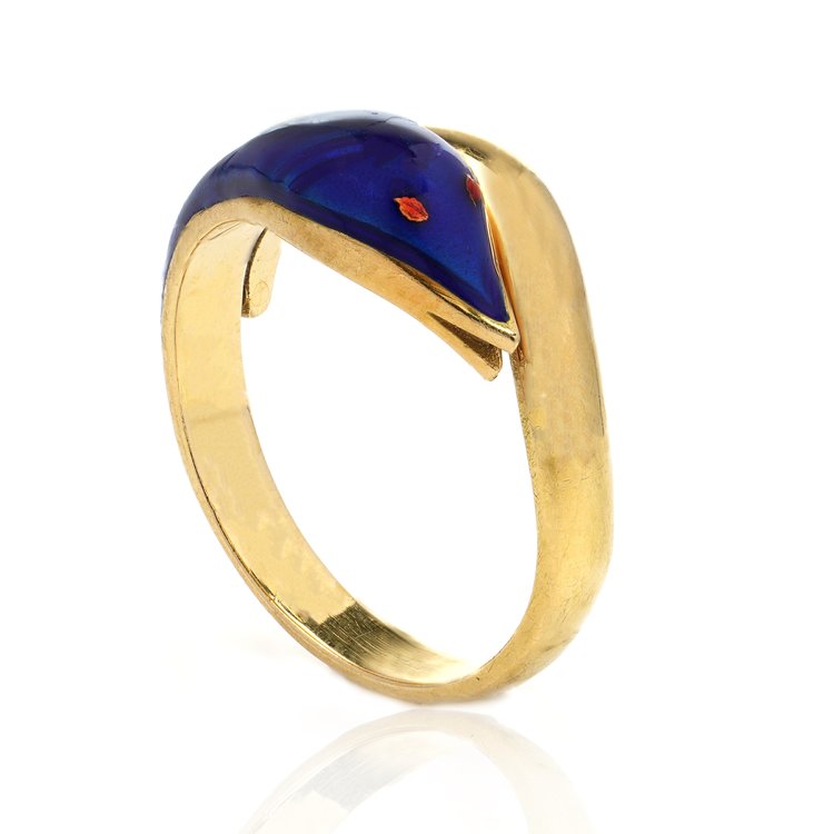 Vintage Italian 18ct Yellow Gold and Blue Enamel Snake Ring