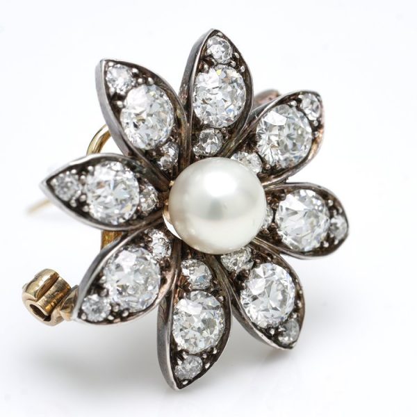 Antique Victorian Freshwater Pearl and Old Cut Diamond Flower Brooch Pendant, 3.28 carats