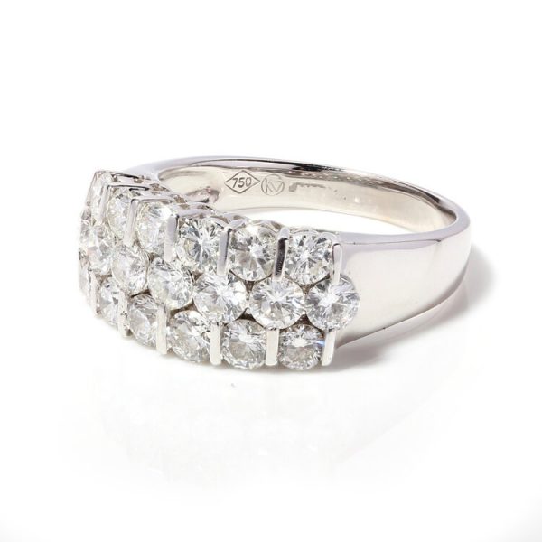 Vintage 1970s Diamond Three Row Unisex Dress Ring in 18ct White Gold, 3.80 carats