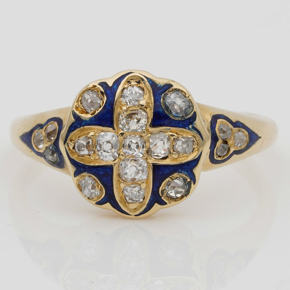 Victorian Antique Royal Blue Enamel and Old Mine Cut Diamond Cross Cluster Ring